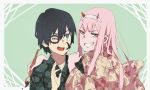 1boy 1girl bangs beige_kimono black_hair blue_eyes blush commentary couple darling_in_the_franxx eyebrows_visible_through_hair face_painting facepaint fang floral_background green_eyes green_shirt hair_ornament hairband hand_up hands_on_another&#039;s_shoulder hawaiian_shirt hetero hiro_(darling_in_the_franxx) holding holding_brush horns japanese_clothes kimono long_hair long_sleeves looking_at_another looking_at_viewer one_eye_closed oni_horns paint_on_face pink_hair red_horns shirt short_hair white_hairband wide_sleeves yukata zero_two_(darling_in_the_franxx) zzl 