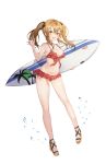  1girl absurdres bikini blush breasts brown_hair cleavage duino frills girls_frontline hair_ornament hairclip highres long_hair scar scar_across_eye smile solo surfboard swimsuit transparent_background twintails ump9_(girls_frontline) water_drop waving 