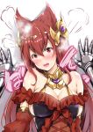  1girl absurdres against_wall animal_ears anthuria bangs bare_shoulders blush breasts cleavage detached_sleeves dress erune eyebrows_visible_through_hair granblue_fantasy hair_between_eyes hair_ornament highres kimura_neito large_breasts lips long_hair looking_at_viewer open_mouth red_dress red_eyes redhead solo_focus steam sweat upper_body upper_teeth wall_slam 