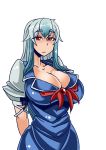 1girl arms_behind_back bangs blue_hair breasts cleavage collarbone cowboy_shot curvy expressionless eyebrows_visible_through_hair heiseikorotaisei huge_breasts kamishirasawa_keine long_hair looking_at_viewer puffy_short_sleeves puffy_sleeves red_eyes ribbon short_sleeves simple_background standing touhou white_background wide_hips 