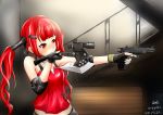  1girl absurdres aiming artist_name axe bangs commentary cz-75 cz-75_(girls_frontline) english_commentary fingerless_gloves firearm girls_frontline gloves gun hair_ornament hairclip handgun highres long_hair looking_to_the_side namesake pistol red_eyes redhead scope shirt shoulder_pads solo stairs twintails weapon 