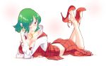  1girl ass breast_press breasts cleavage commentary_request dress green_hair hand_in_hair high_heels kazami_yuuka large_breasts looking_at_viewer lying neck_ribbon non_(z-art) on_stomach plaid plaid_dress popped_collar red_eyes ribbon shoe_dangle short_hair simple_background soles touhou undershirt white_background 