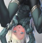  1girl arms_up black_legwear blonde_hair blue_eyes commentary_request cropped_jacket from_below green_jacket green_skirt h_kasei jacket kantai_collection long_hair long_sleeves looking_at_viewer military military_uniform miniskirt open_clothes open_jacket open_mouth pantyhose pleated_skirt puffy_sleeves skirt solo u-511_(kantai_collection) uniform upper_body upside-down 