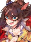  1girl :d blue_eyes breasts brown_hair cleavage el_condor_pasa jacket large_breasts looking_at_viewer mask open_clothes open_jacket open_mouth ponytail red_jacket round_teeth simple_background smile solo teeth tuxedo_de_cat umamusume upper_body white_background 