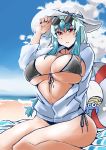  1girl :&lt; bangs beach beach_towel bikini bikini_under_clothes black_bikini blue_hair breasts cleavage clouds creatures_(company) curvy day eyebrows_visible_through_hair eyewear_on_head from_below front-tie_bikini front-tie_top game_freak gen_1_pokemon hat heiseikorotaisei huge_breasts kamishirasawa_keine lifebuoy long_hair looking_at_viewer nintendo ocean omanyte open_clothes open_shirt outdoors pokemon pokemon_(creature) ponytail red_eyes sand shell side-tie_bikini sideboob sitting sky sun_hat sunglasses sunglasses_on_head swimsuit thighs touhou towel under_boob wariza 