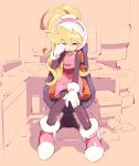  1girl bangs blonde_hair chair ciel_(rockman) closed_eyes desk full_body gloves hair_between_eyes hand_on_own_knee headgear helmet high_ponytail knees_together_feet_apart kon_(kin219) long_hair monochrome_background office_chair open_mouth pantyhose pink_skirt ponytail rockman rockman_zero rubbing_eyes sitting skirt sleepy solo white_gloves 