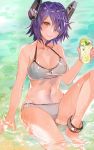  1girl :d bare_shoulders bikini breasts brown_eyes commentary_request cup drinking_glass eyepatch food fruit grey_bikini halterneck headgear highres holding holding_cup kantai_collection knee_up large_breasts lemon lemon_slice looking_at_viewer navel ocean one_eye_covered open_mouth purple_hair rioka_(southern_blue_sky) round_teeth short_hair sitting smile soaking_feet solo swimsuit teeth tenryuu_(kantai_collection) 
