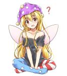  1girl :d ? absurdres akiteru98 american_flag_legwear bare_shoulders black_shirt blonde_hair clothes_writing clownpiece commentary_request cosplay eyebrows_visible_through_hair fairy_wings hair_between_eyes hat hecatia_lapislazuli hecatia_lapislazuli_(cosplay) highres indian_style jester_cap looking_at_viewer off_shoulder open_mouth pantyhose red_eyes shirt simple_background sitting smile solo touhou white_background wings 