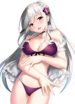  1girl :d azur_lane bangs bare_shoulders bikini black_choker blush breasts choker cleavage cocona collarbone cowboy_shot dunkerque_(azur_lane) earrings eyebrows_visible_through_hair flower grey_hair groin hair_flower hair_ornament hairband halterneck head_tilt headdress highres hoop_earrings jewelry large_breasts long_hair looking_at_viewer navel open_mouth pink_eyes ponytail purple_bikini sapphire_(stone) see-through sidelocks simple_background single_earring skindentation smile solo stomach swimsuit thighs white_background 