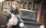  1girl blonde_hair blue_eyes blue_sailor_collar building car cup dress driftkingtw dutch_angle flag gloves ground_vehicle hat highres jervis_(kantai_collection) kantai_collection long_hair looking_at_viewer motor_vehicle right-hand_drive road sailor_collar sailor_dress sailor_hat short_sleeves solo street teacup union_jack white_dress white_gloves white_hat 