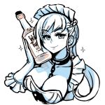  1girl akairiot alcohol azur_lane belfast_(azur_lane) bottle bottle_to_cheek braid breasts chains choker cleavage french_braid frilled_sleeves frills large_breasts maid_headdress monochrome smile solo sparkle spot_color whiskey 