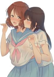  14sai_bishoujo_(shoutarou) 2girls bangs black_hair blue_eyes blue_skirt blush breast_grab brown_eyes brown_hair commentary_request embarrassed eyebrows_visible_through_hair grabbing grabbing_from_behind hand_under_clothes hibike!_euphonium highres kousaka_reina long_hair looking_at_another looking_at_viewer multiple_girls neckerchief nose_blush open_mouth oumae_kumiko pleated_skirt round_teeth school_uniform serafuku shirt short_hair short_sleeves simple_background skirt smile teeth upper_body upper_teeth white_background yuri 