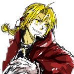  1boy antenna_hair blonde_hair braid coat commentary_request edward_elric eyebrows_visible_through_hair floating_hair fullmetal_alchemist gloves grin looking_away male_focus simple_background smile tsukuda0310 upper_body white_background yellow_eyes 