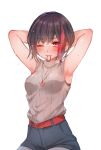  1girl armpits arms_behind_back bang_dream! belt black_hair blue_shorts breasts chino_machiko commentary_request eyebrows_visible_through_hair hair_tie hair_tie_in_mouth hands_up heart heart_necklace high-waist_shorts looking_at_viewer medium_breasts mitake_ran mouth_hold multicolored_hair one_eye_closed red_belt red_eyes short_hair shorts simple_background sitting solo streaked_hair sweat white_background 