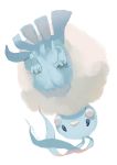  altaria blue blue_eyes creatures_(company) from_below full_body game_freak gen_3_pokemon highres looking_at_viewer manino_(mofuritaionaka) monochrome nintendo no_humans pokemon pokemon_(creature) signature simple_background solo upside-down white_background 