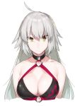  1girl ahoge bare_shoulders bikini black_bikini breasts closed_mouth collar commentary_request eyebrows_visible_through_hair fate/grand_order fate_(series) glint grey_hair highres jeanne_d&#039;arc_(alter_swimsuit_berserker) jeanne_d&#039;arc_(fate)_(all) large_breasts long_hair looking_at_viewer muchi_maro ne o-ring o-ring_top raised_eyebrow simple_background solo swimsuit upper_body white_background yellow_eyes 