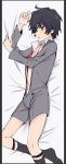  1boy bangs bed_sheet black_hair black_legwear blue_eyes blush briefs bulge chest chest_scar commentary darling_in_the_franxx eyebrows_visible_through_hair eyes_visible_through_hair grey_shirt grey_shorts hair_over_one_eye highres hiro_(darling_in_the_franxx) k_016002 long_sleeves lying male_focus male_underwear military military_uniform navel necktie no_shoes on_side open_clothes open_shirt open_shorts red_neckwear scar shirt short_hair shorts socks solo stomach underwear uniform white_briefs 