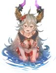  1girl :d ahoge bikini blush bow_(bhp) breasts flower granblue_fantasy green_eyes grey_hair hair_between_eyes hair_flower hair_ornament horns large_breasts long_hair looking_at_viewer neckerchief open_mouth pointy_ears red_bikini red_flower red_neckwear red_skirt see-through simple_background skirt smile solo standing swimsuit thalatha_(granblue_fantasy) very_long_hair wading water white_background 