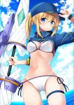  1girl ahoge artoria_pendragon_(all) baseball_cap bikini blonde_hair blue_eyes blue_hat blue_sky blush breasts closed_mouth clouds day fate/grand_order fate_(series) hat highres holding_lance lance leg_garter looking_at_viewer medium_breasts mysterious_heroine_xx_(foreigner) navel outdoors polearm ponytail sasahara_wakaba short_hair side-tie_bikini sky solo standing swimsuit weapon white_bikini 
