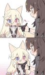  2girls 2koma :d animal_ears babydoll black_gloves blade_(galaxist) blonde_hair blue_eyes blush brown_eyes brown_hair cat_ears character_request closed_mouth comic commentary_request finger_gun g41_(girls_frontline) girls_frontline gloves hair_ornament half_gloves halftone halftone_background heterochromia long_hair low-tied_long_hair multiple_girls open_mouth qbz-97_(girls_frontline) red_eyes smile v_arms very_long_hair white_babydoll 