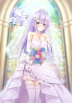 1girl absurdres alicorn animal azur_lane bangs bare_shoulders black_neckwear blue_flower blue_rose blurry blurry_background blush bouquet bow bowtie breasts bridal_veil closed_mouth collarbone collared_shirt commentary_request depth_of_field detached_sleeves dress earrings eyebrows_visible_through_hair flower hair_between_eyes head_tilt highres holding holding_bouquet indoors jacket jewelry kugatsu_tooka long_sleeves looking_at_viewer medium_breasts pants purple_hair red_flower red_rose rose see-through shirt smile solo stained_glass strapless strapless_dress thigh-highs tiara unicorn_(azur_lane) veil violet_eyes wedding_dress white_bow white_dress white_flower white_jacket white_legwear white_pants white_rose white_shirt 