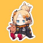  1girl abigail_williams_(fate/grand_order) alphy bangs black_bow black_jacket blonde_hair blue_eyes blush_stickers bow chibi commentary_request covered_mouth crossed_bandaids eyebrows_visible_through_hair fate/grand_order fate_(series) full_body hair_bow hair_bun jacket key long_hair long_sleeves object_hug orange_background orange_bow outline parted_bangs polka_dot polka_dot_bow red_footwear sample shoe_soles shoes sitting sleeves_past_fingers sleeves_past_wrists solo star stuffed_animal stuffed_toy teddy_bear white_outline 
