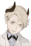  1boy black_neckwear blonde_hair bow bowtie closed_mouth grey_eyes head_tilt highres hiranko horns jacket looking_at_viewer male_focus original protected_link shirt simple_background solo upper_body white_background white_jacket white_shirt 