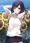  1girl arms_up black_eyes black_hair blue_sky commentary_request cowboy_shot field flower flower_field food food_in_mouth lens_flare looking_at_viewer mouth_hold ogino_atsuki original pleated_skirt polo_shirt popsicle skirt sky solo sunflower 