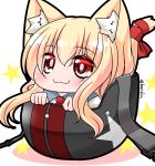  1girl :3 animal_ear_fluff animal_ears bangs blonde_hair blush cat_ears cat_girl cat_tail closed_mouth collared_shirt commentary_request eyebrows_visible_through_hair hair_between_eyes helmet in_container kanijiru long_hair minigirl necktie original red_eyes red_neckwear red_ribbon ribbon shirt solo star tail tail_raised tail_ribbon twitter_username very_long_hair white_background white_shirt 