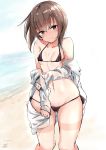  1girl beach bikini black_bikini blush breasts brown_eyes brown_hair closed_mouth eyebrows_visible_through_hair hair_between_eyes highres kantai_collection looking_at_viewer looking_down micro_bikini ocean shirt short_hair_with_long_locks small_breasts solo swimsuit taihou_(kantai_collection) twitter_username white_shirt yukishiro_arute 