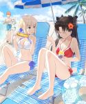  1boy 3girls ahoge artoria_pendragon_(all) beach beach_chair beach_umbrella bikini bikini_skirt black_hair blonde_hair brother_and_sister closed_eyes drink emiya-san_chi_no_kyou_no_gohan emiya_shirou fate/grand_order fate/hollow_ataraxia fate/kaleid_liner_prisma_illya fate/stay_night fate_(series) female_swimwear floral_print flower food friends green_bikini illyasviel_von_einzbern innertube kima_aratame_a_senmei long_hair male_swimwear ocean open_eyes orange_hair outdoors palmtree red_bikini ribbon saber sandals short_hair smile summer swim_trunks swimsuit swimwear tohsaka_rin umbrella unlimited_blade_works white_bikini white_hair 