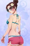  1girl bangle bare_back bare_shoulders bikini blue_bikini bracelet breasts brown_eyes brown_hair d.va_(overwatch) earrings facial_mark flower from_side hair_bun hair_flower hair_ornament heart highres jewelry lips looking_at_viewer nail_polish one_eye_closed overwatch parted_lips pink_shorts short_shorts shorts sideboob solo sumino_akasuke sunglasses swimsuit waveracer_d.va 