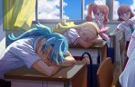  1boy 3girls blonde_hair blue_hair blue_sky brother_and_sister brown_hair camembert_chizuko chin_rest classroom desk food_themed_hair_ornament hair_ornament hairband kirahoshi_ciel kirakira_precure_a_la_mode long_hair multiple_girls pikario_(precure) pink_eyes ponytail precure school_uniform siblings sky sleeping spoilers strawberry_hair_ornament twintails usami_ichika 