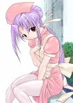 gakkou_no_kaidan hechi koigakubo_momoko long_hair nurse pantyhose ponytail purple_hair ribbon ribbons sitting 