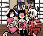  :d ^_^ alcohol animal_ears asymmetrical_clothes bad_id banitan black_hair blush bow bunny_ears cameo closed_eyes dress dress_shirt drunk fujiwara_no_mokou grey_hair hair_bow hat houraisan_kaguya inaba_tewi kamishirasawa_keine large_bow long_hair long_sleeves open_mouth pants pink_dress pointing ponytail saigyouji_yuyuko shirt short_hair sitting smile suspenders television tokin_hat touhou v white_hair yagokoro_eirin 