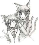  alternate_hairstyle animal_ears braid cat_ears cat_tail chen earrings eku fang graphite_(medium) hair_ribbon hairdressing hat jewelry kaenbyou_rin monochrome multiple_girls multiple_tails no_hat no_headwear ribbon short_hair sketch smile tail touhou traditional_media twin_braids wink 