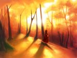  bow forest green_hair hair_bow highres kagiyama_hina nature orange_(color) ribbon sany scenery solo standing sunlight sunset touhou tree wallpaper 