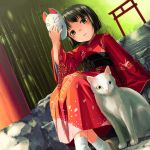  cat heterochromia japanese_clothes kimono mask short_hair sody torii 