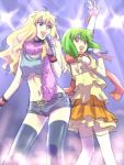  blue_eyes dress earrings green_hair hikiyama_towa jewelry long_hair macross macross_frontier microphone orange_dress ranka_lee red_eyes scarf sheryl_nome short_hair shorts singing tank_top thigh-highs thighhighs towa 