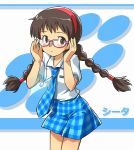  adjusting_glasses bad_id braid brown_hair character_name cosplay ghibli glasses hairband hikouseki idolmaster jewelry laputa long_hair necklace necktie parody plaid plaid_skirt r_tatata rough_time_school school_uniform sheeta skirt studio_ghibli tartan tatata tenkuu_no_shiro_laputa twin_braids 