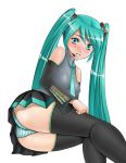  blush green_eyes green_hair hatsune_miku long_hair mongai panties striped striped_panties thigh-highs thighhighs twintails underwear vocaloid 