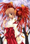  aquarian_age bird bird_on_shoulder birds brown_eyes brown_hair cherry_blossoms highres japanese_clothes miko nanase_aoi phoenix seven_colors_of_the_wind 