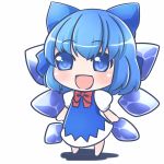  1girl :d blue_dress blue_eyes blue_hair blush chibi cirno commentary dress eyebrows eyebrows_visible_through_hair ice ice_wings open_mouth puffy_short_sleeves puffy_sleeves ribbon short_hair short_sleeves simple_background smile solo touhou white_background wings youki_(yuyuki000) 
