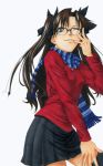  bespectacled bow brown_hair fate/stay_night fate_(series) glasses green_eyes hair_bow kohuseigetsu long_hair scarf skirt striped striped_scarf thigh-highs thighhighs tohsaka_rin toosaka_rin traditional_media turtleneck twintails wink 