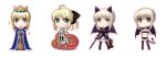  black_saber broom cape cat_ears chibi dark_excalibur excalibur fate/stay_night fate/unlimited_codes fate_(series) green_eyes halloween jack-o'-lantern pantyhose pumpkin ribbon saber saber_alter saber_lily sugar_(artist) sword tail thighhighs weapon wings yellow_eyes 