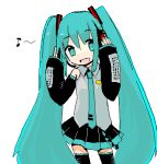  detached_sleeves hands_on_headphones hatsune_miku headphones long_hair lowres musical_note thighhighs twintails vocaloid 