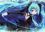  aqua_hair bare_shoulders detached_sleeves hatsune_miku highres long_hair magic mouth_hold necktie refeia solo twintails vocaloid 