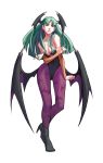  1girl arnold_tsang bat_print bat_wings black_leotard boots breasts bridal_gauntlets capcom darkstalkers demon_girl elbow_gloves female full_body gloves green_eyes green_hair hair_over_shoulder head_wings headwings high_heels highleg highleg_leotard highres holding holding_own_arm leotard long_hair morrigan_aensland off-shoulder_leotard off_shoulder official_art pantyhose parted_bangs parted_lips patterned_legwear print_legwear print_pantyhose purple_legwear purple_pantyhose simple_background solo strapless strapless_leotard succubus vampire_(game) white_background wings 