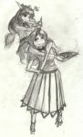  bad_id hinemu horn horns hoshiguma_yugi hoshiguma_yuugi ibuki_suika monochrome multiple_girls piggyback sakazuki sketch touhou 
