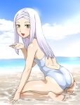  barefoot beach blush competition_swimsuit feet gundam gundam_00 kneeling long_hair marie_parfacy one-piece_swimsuit sand sky soles soma_peries swimsuit ueyama_michirou water white_hair yellow_eyes 